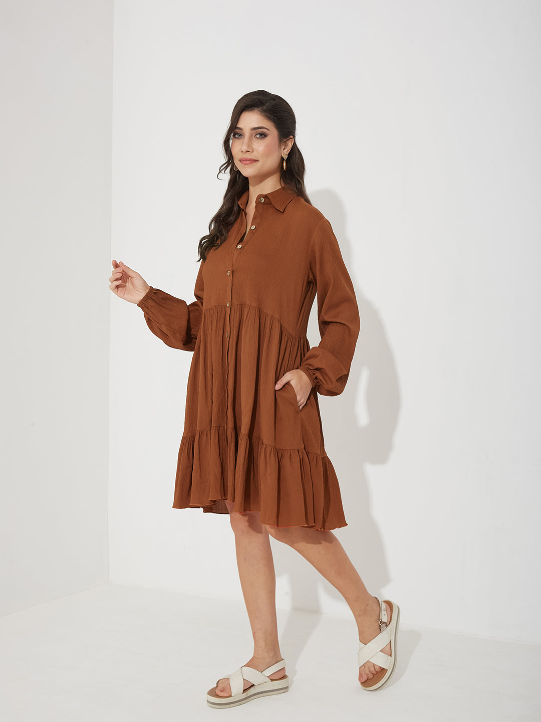Rust Solid Polyester Shirt Dress with Balloon Sleeves and Tiered Hem for Women