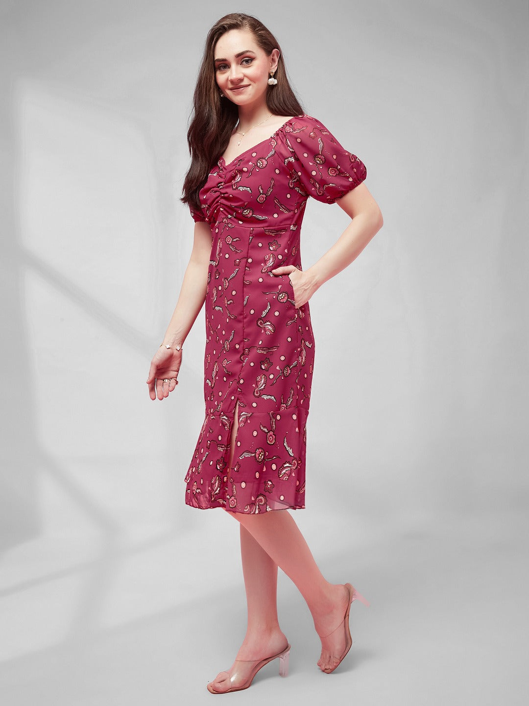 Dark Pink Sweetheart Half Sleeve Floral Fit & Flare Midi Dress for Women