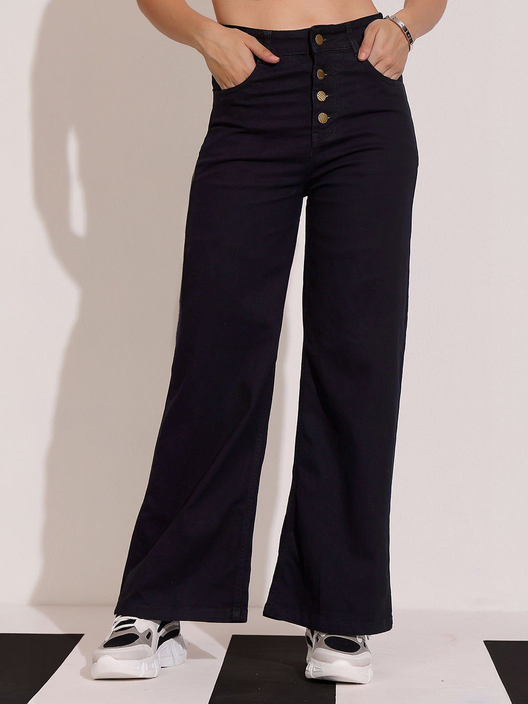 Women's Black Wide Leg High Rise Clean Look Regular Stretchable Denim Jeans