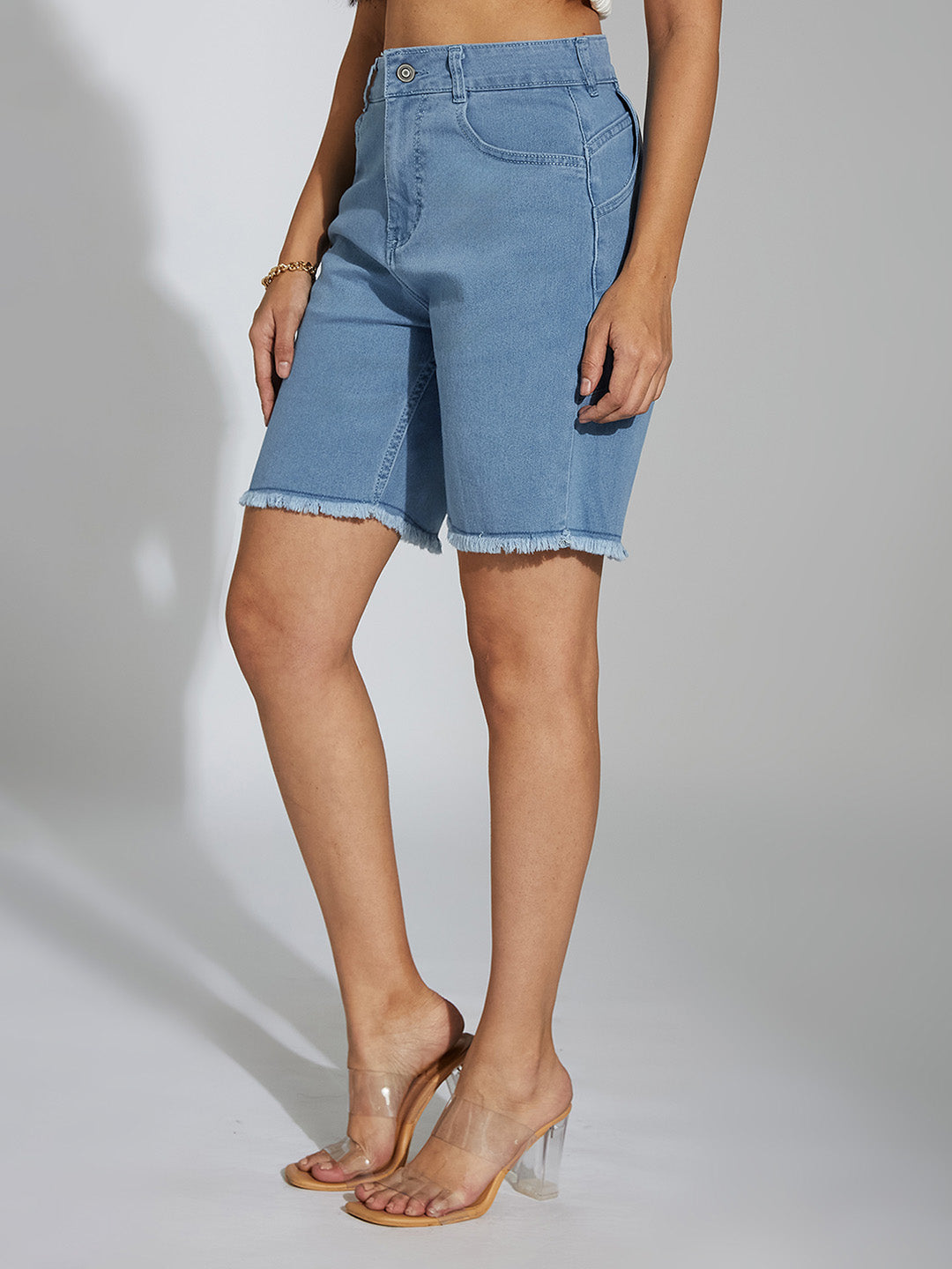 Light-Blue High-Rise Above Knee Stretchable Denim Shorts for Women