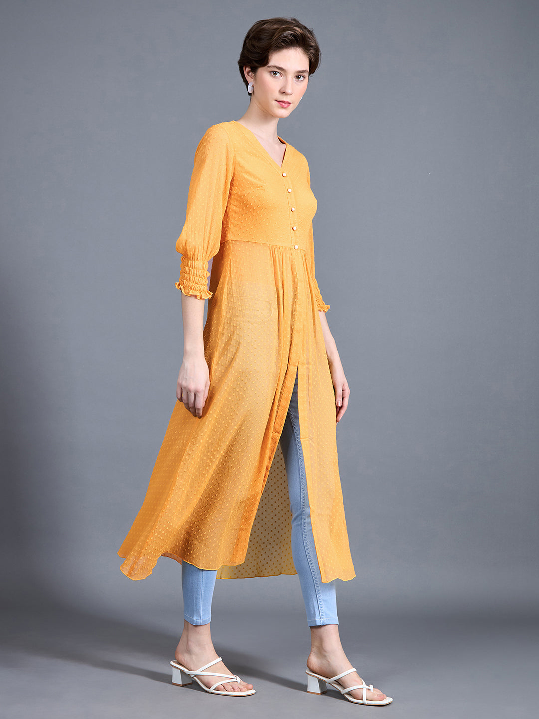 Women's Mustard Yellow V-Neck 3/4 Sleeves solid empire Maxi Top