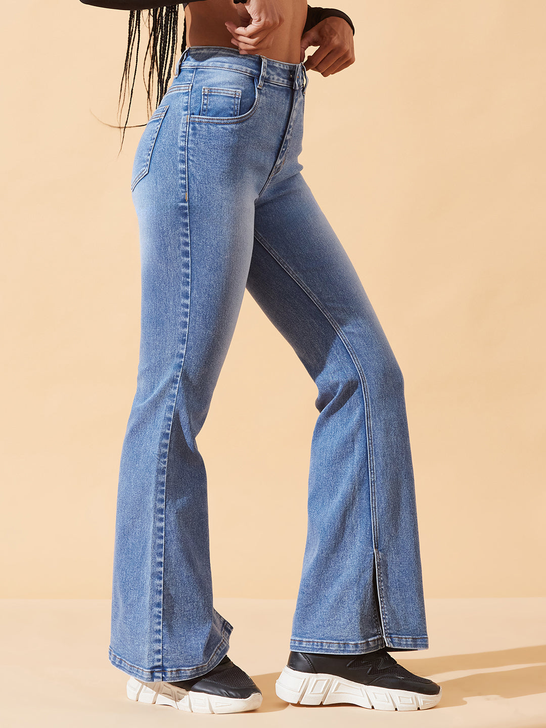 Blue Bootcut Mid-Rise Inseam Slit Heavy Wash Stretchable Denim Jeans For Women