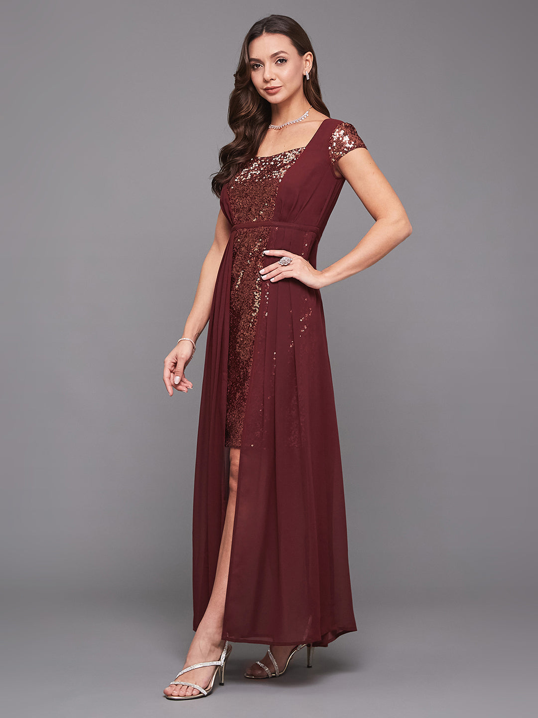 Wine Cap Sleeves Sequinned Dress with Cape