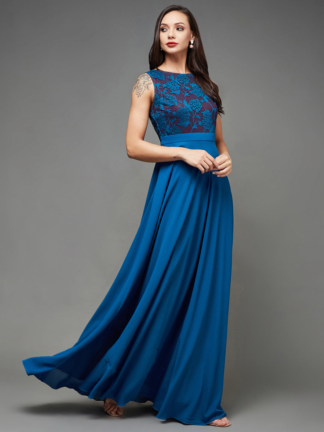 chinese dress ladies Royal Blue & Wine Sleeveless Fit and Flare Lace Dress for Women