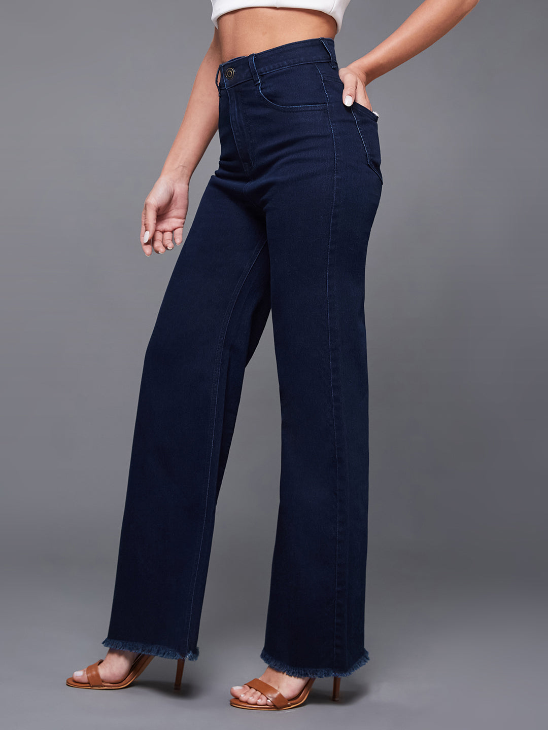 24/7 Comfort Navy-Blue Wide-Leg High-Rise Stretchable Denim Jeans