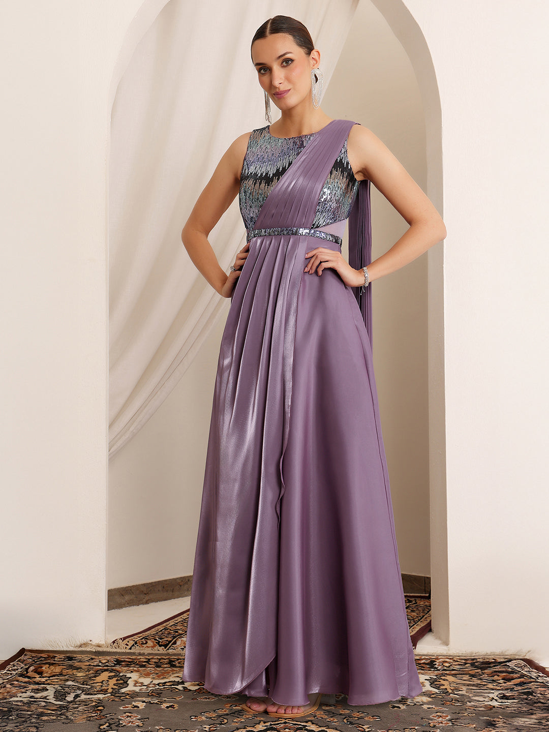 Women's Dusty Purple Round Neck Sleeveless Embellished Layered Satin Maxi Dress