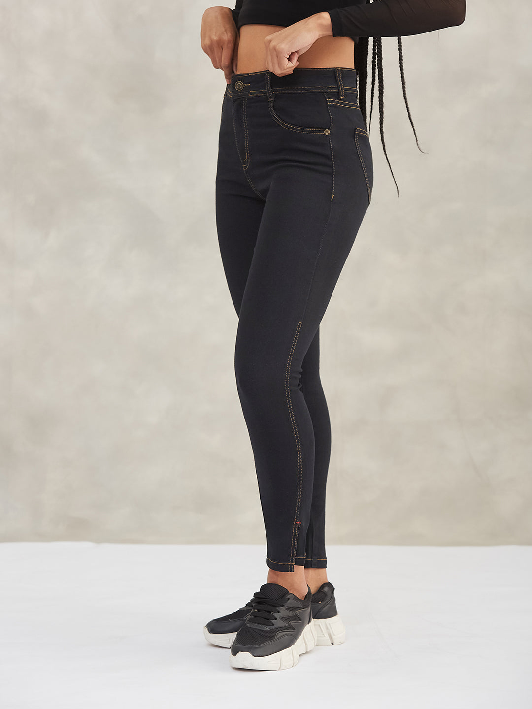 Women's Black Skinny High-Rise Side-Slit Solid Stretchable Denim Jeans