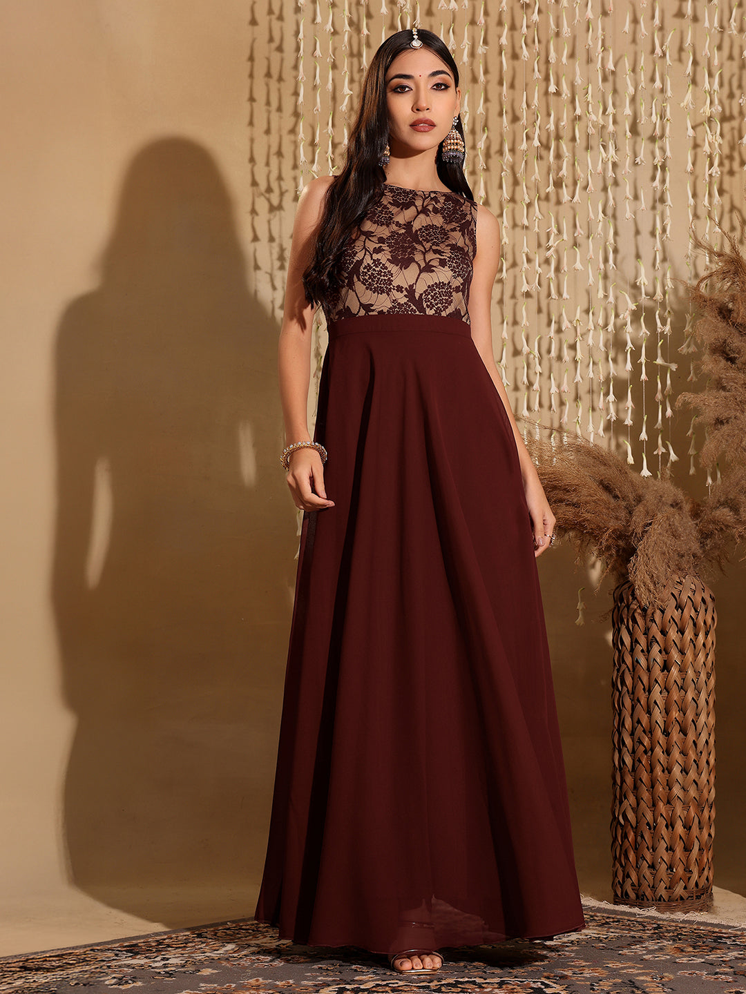 Women's Beige & Wine Round Neck Sleeveless Georgette Floral Lace Fit & Flare Maxi Dress