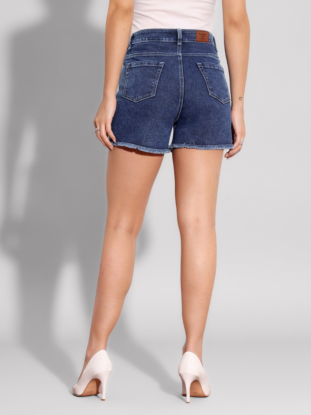 Navy Blue Relaxed Fit High Rise Stretchable Denim Faded Shorts for Women
