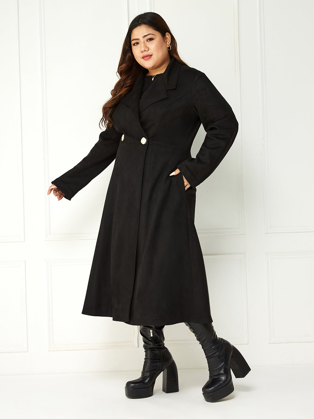Body Bliss Black Solid Double Breasted Longline Jacket for Women — Miss Chase A+