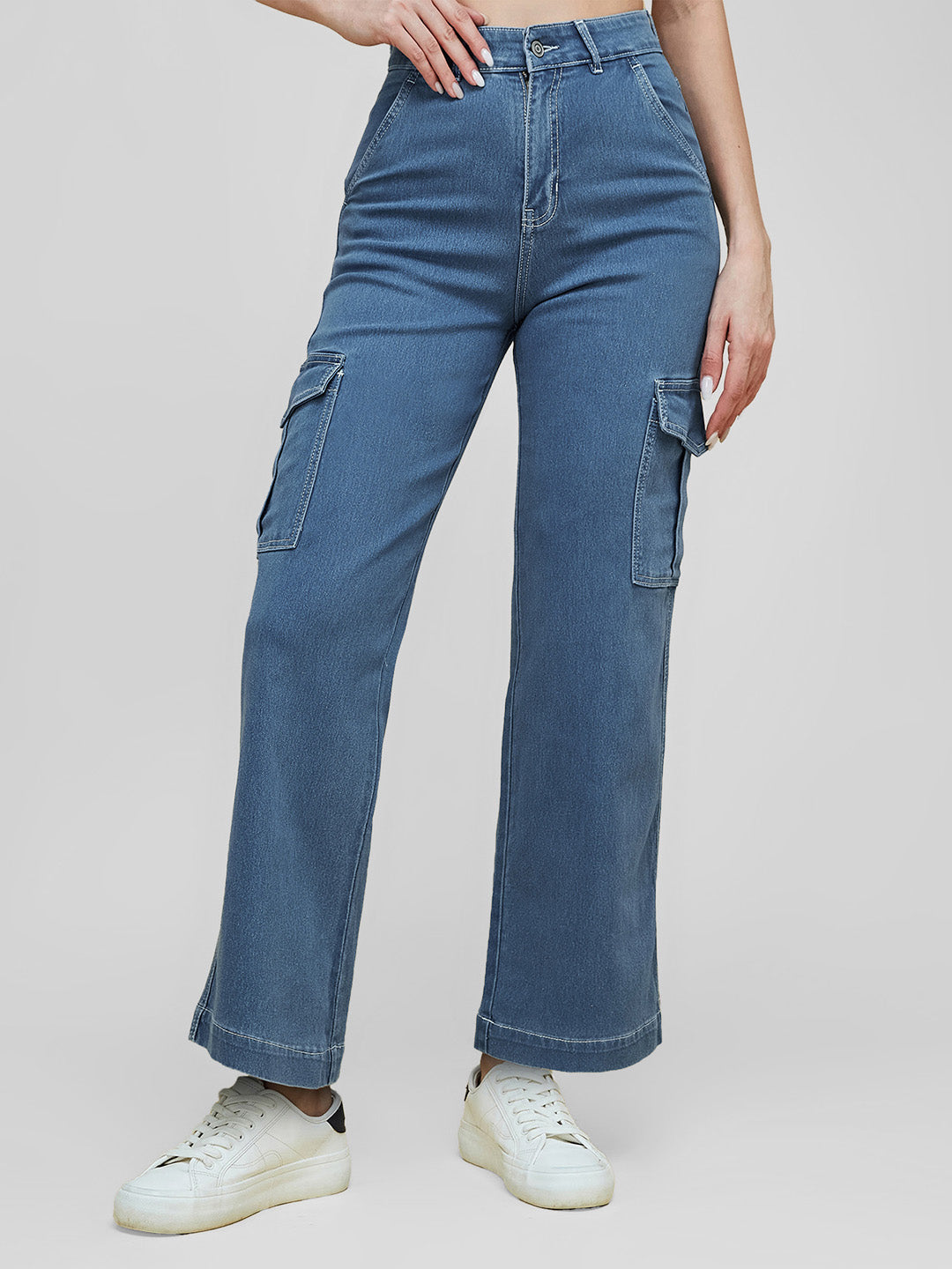 Women's Blue Wide-Leg High-Rise Clean-Look Regular Stretchable Denim Jeans
