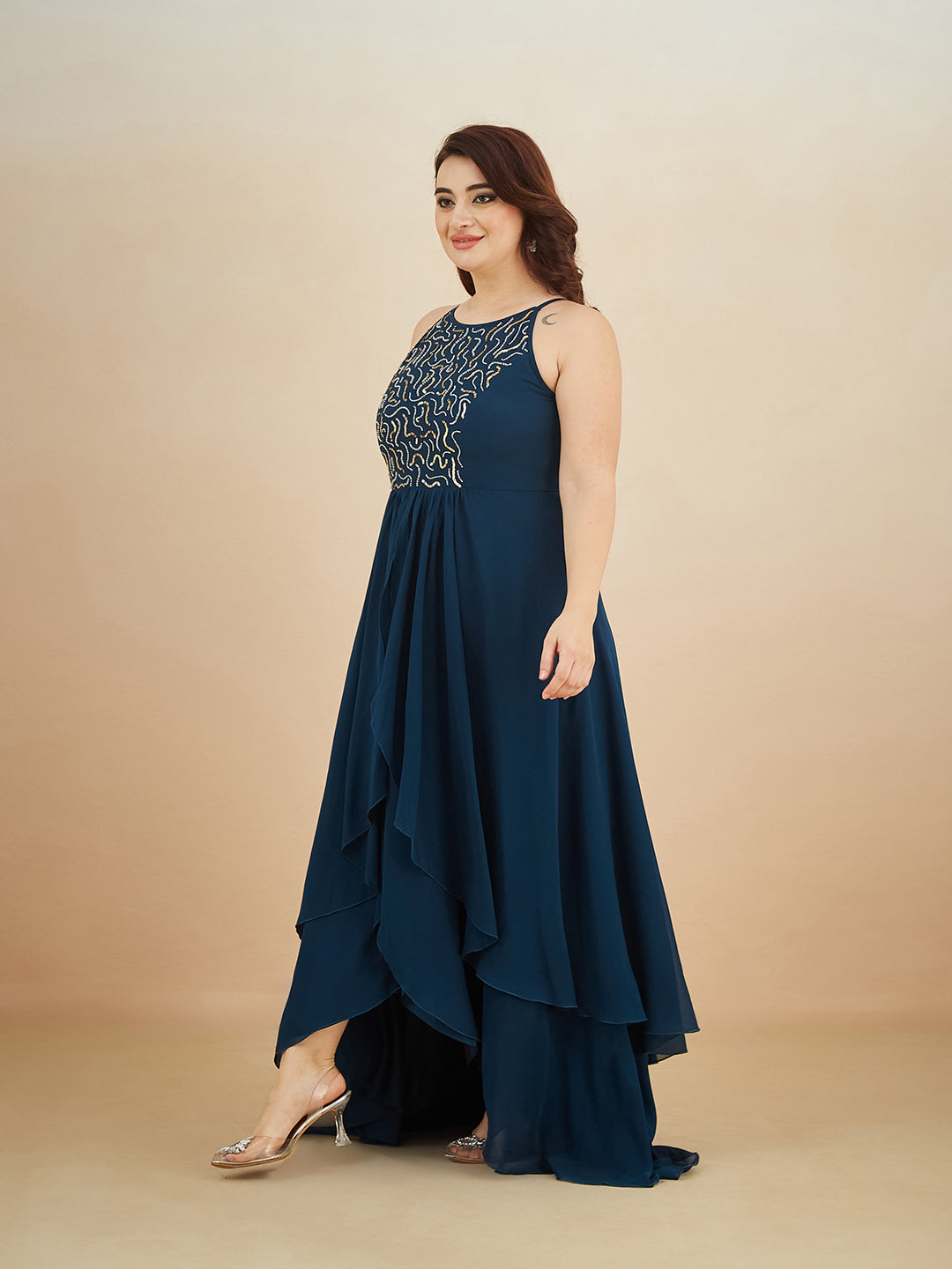 Teal Round Neck Sleeveless Solid Embellished Maxi Dress for Women