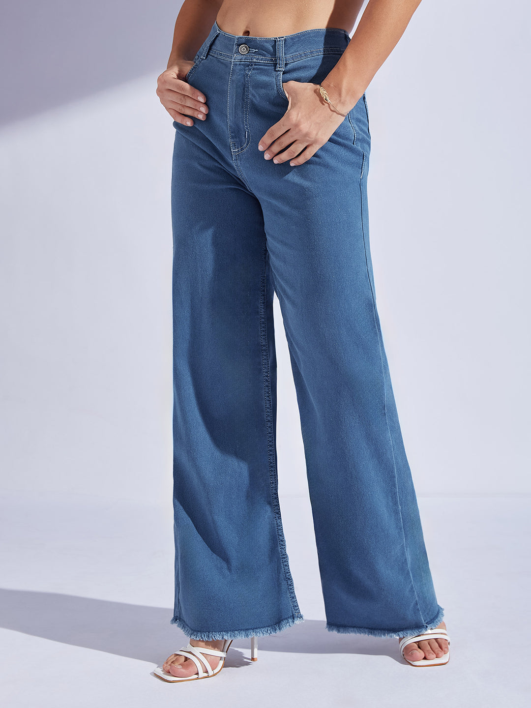 Women's Blue Wide-Leg High-Rise Stretchable Denim Jeans