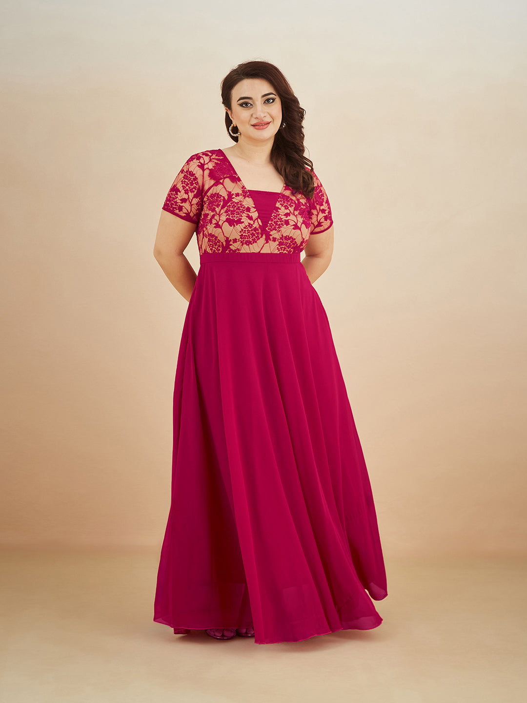 Dark Pink Square Neck Raglan Short Sleeve Self Design Lace Overlaid Georgette Maxi Dress for Women