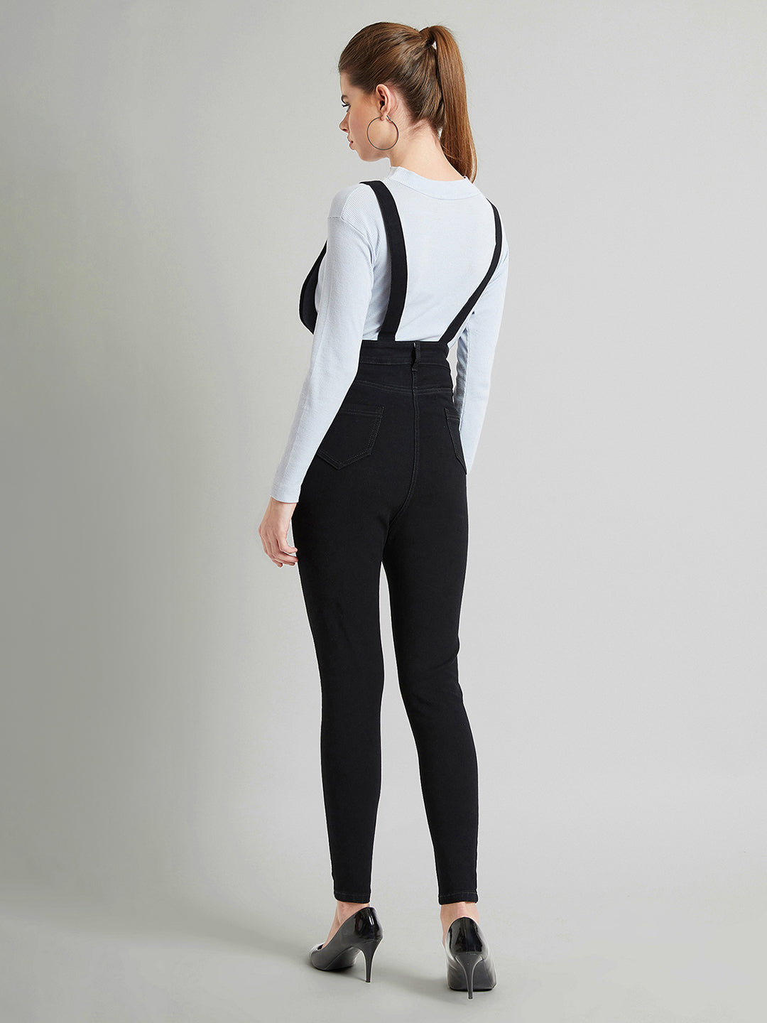 Women's Black Skinny High-Rise Stretchable Denim Dungaree