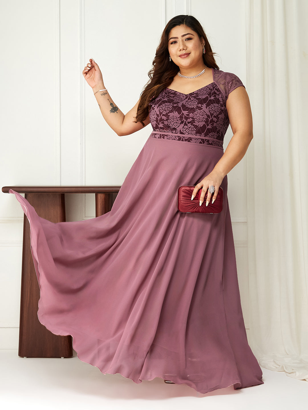 Body Bliss Lavender & Wine Floral Lace Fit & Flare Maxi Dress