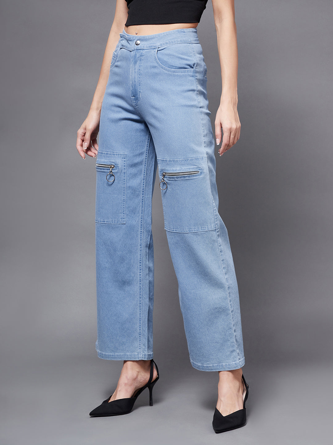 24/7 Comfort Light Blue Wide-Leg Mid-Rise Clean-Look Regular Stretchable Denim Jeans