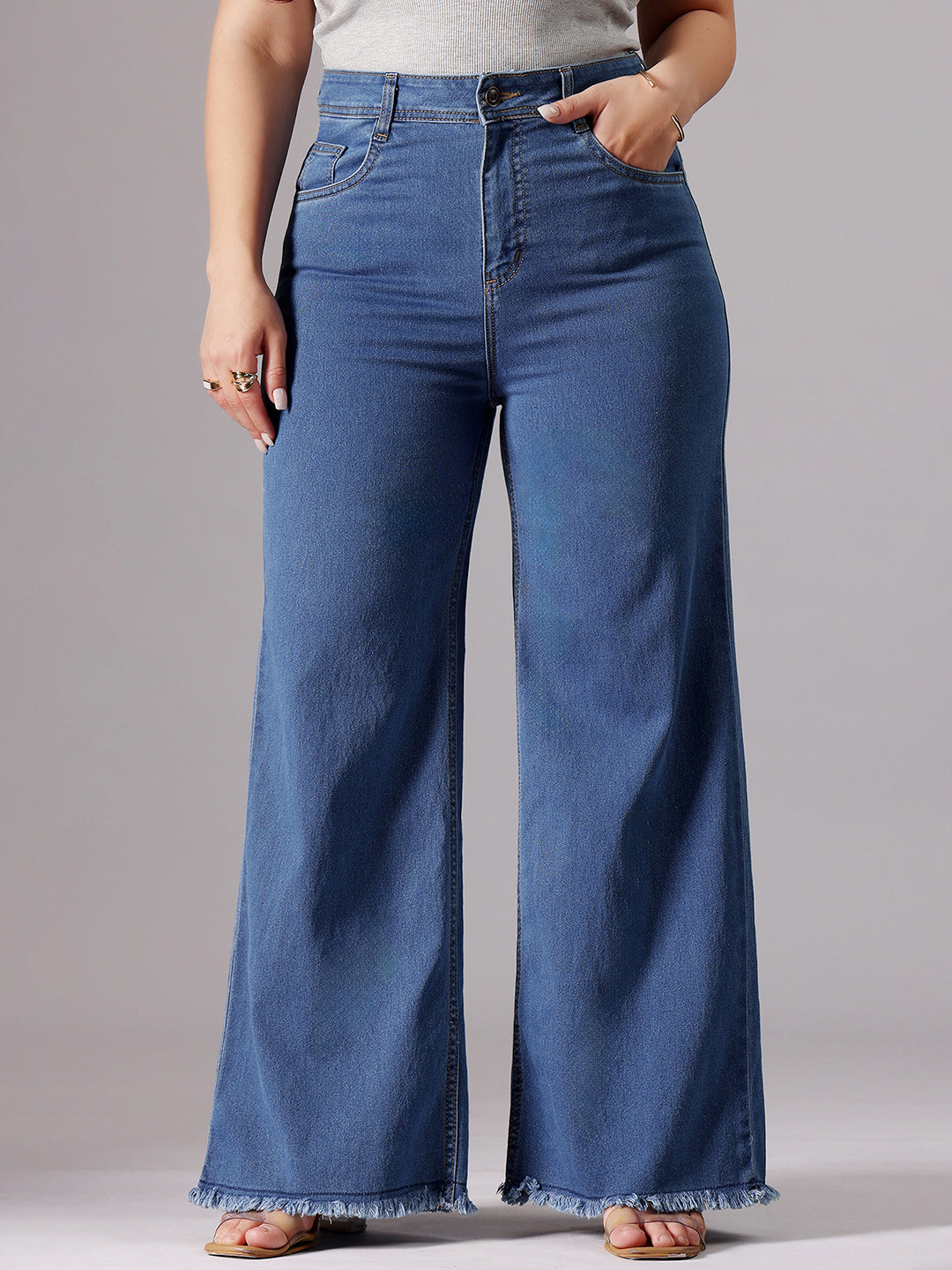 Mid-Blue Wide-Leg High-Rise Clean-Look Stretchable Denim Jeans for Women