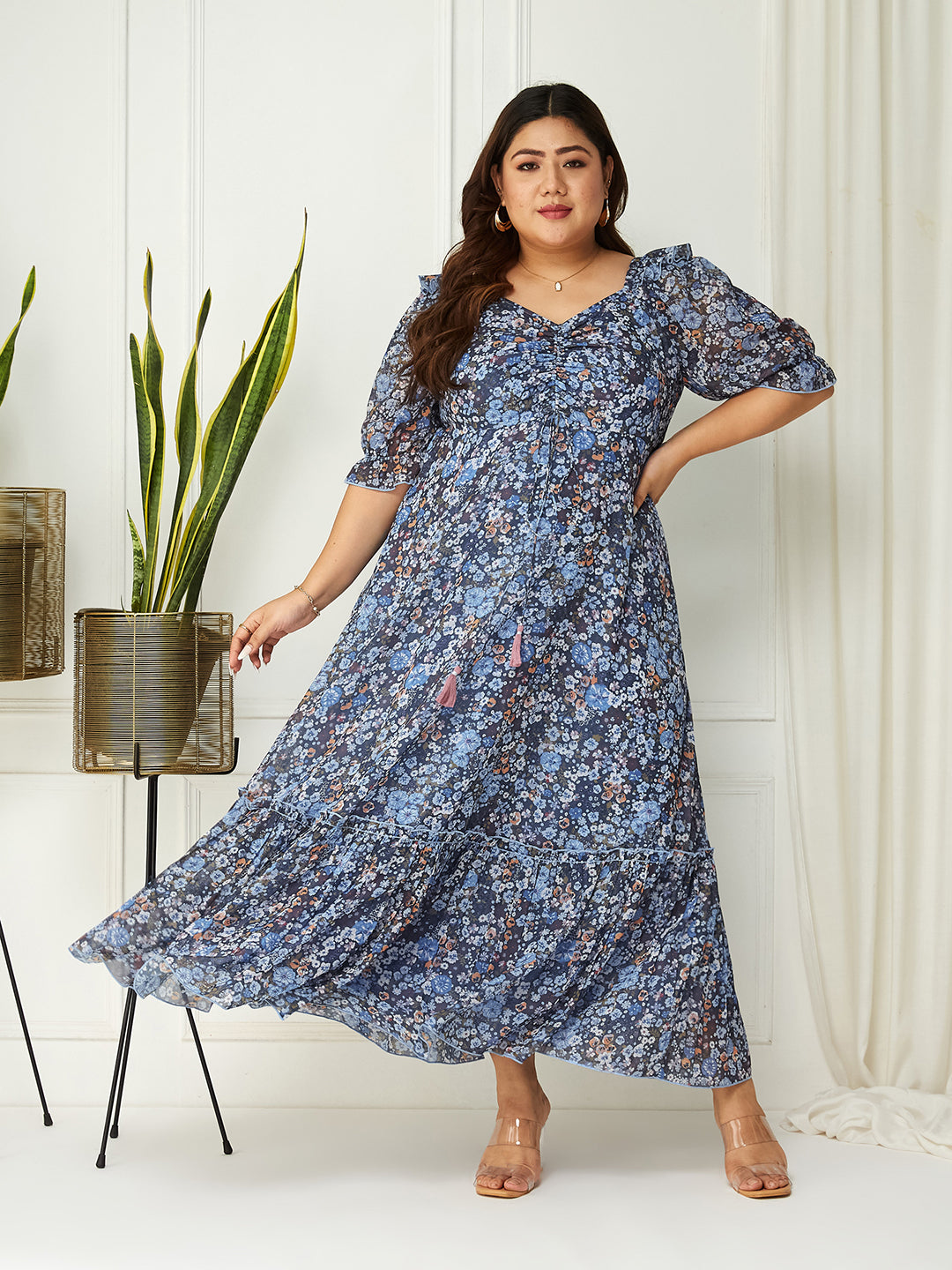 Navy Blue Multicoloured Floral Printed Puff Sleeves Sweetheart Neck Fit and Flare Maxi Dress for Women