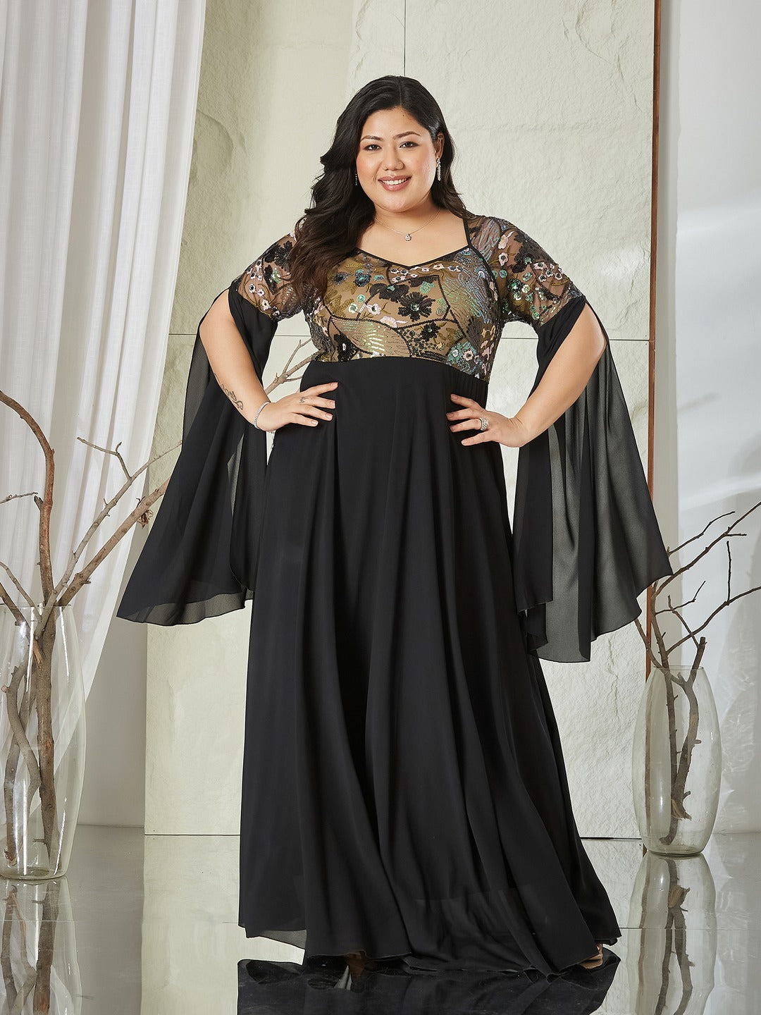 Black Sweet-Heart Full Sleeve Embellished Slit Sleeve Maxi Georgette Dress for Women