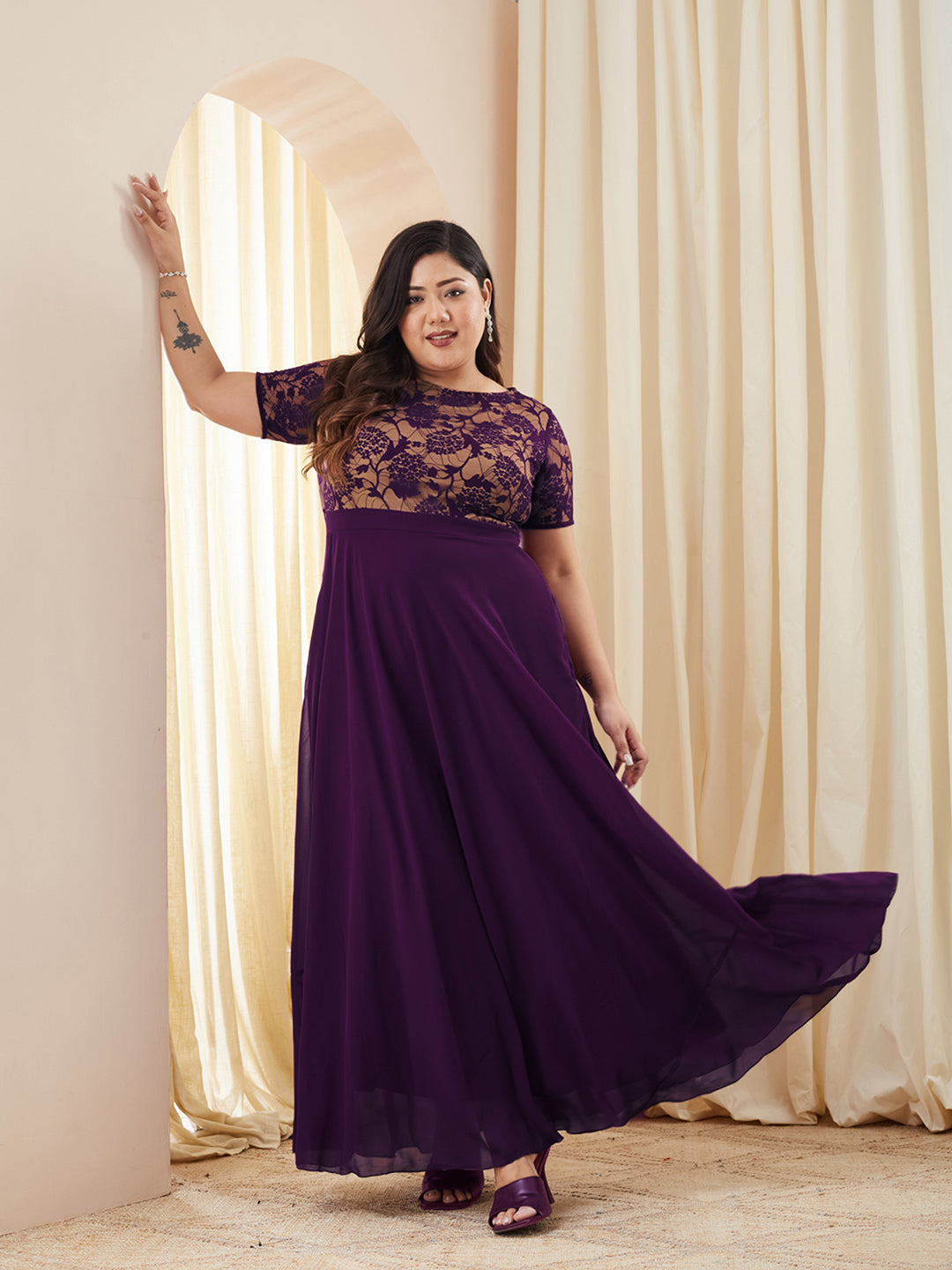 Dark Purple Round Neck Half Sleeve Self Design Fit & Flare Georgette Maxi Dress for Women — Miss Chase A+