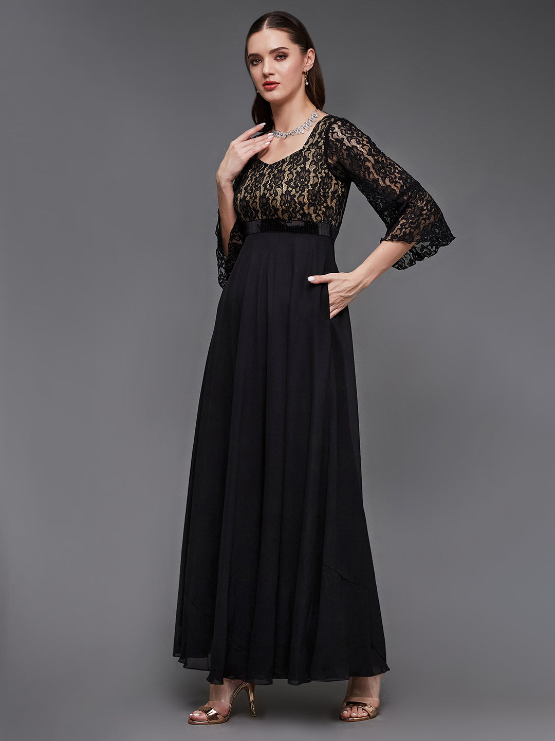 Women's Black Sweetheart-Neck Full Sleeve Floral Lace-Overlaid Georgette Maxi Dress