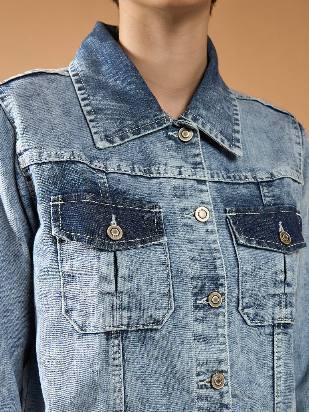 Women's Light Blue Polo Neck Solid Full Sleeve Bomber Regular Length Jacket