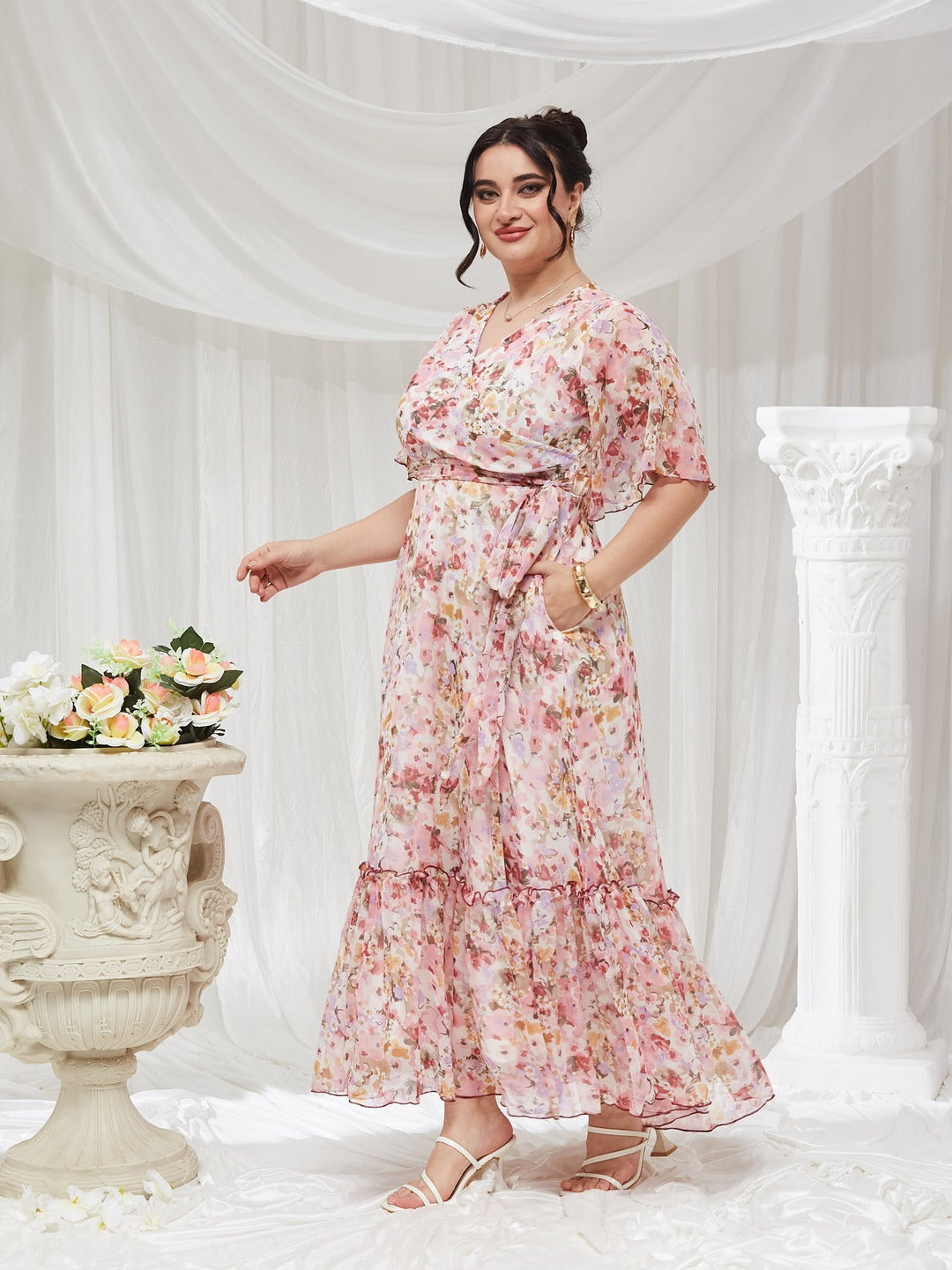 Pink V-Neck Flared Sleeve Floral Wrap Chiffon Maxi Dress for Women — Miss Chase A+