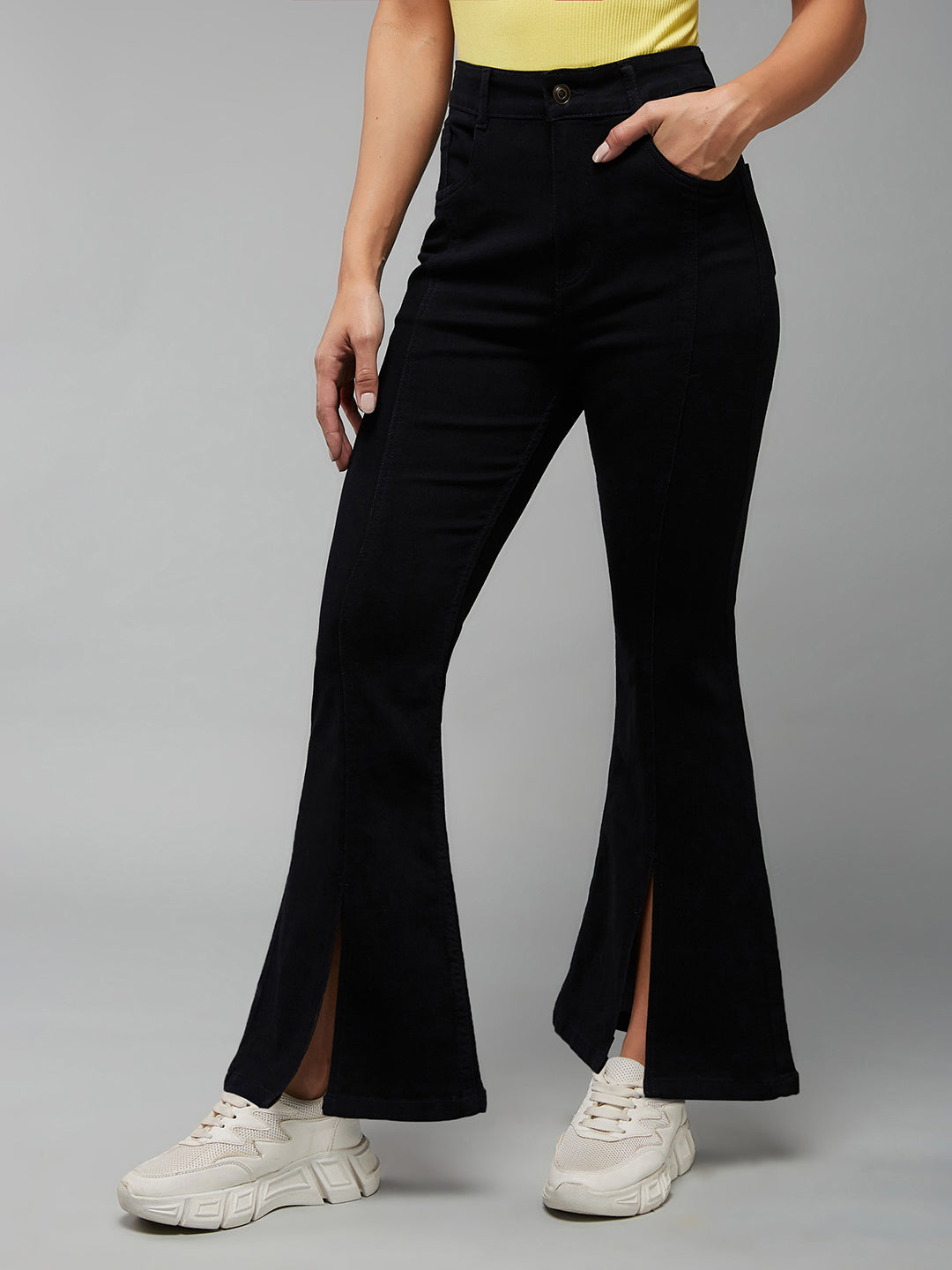 24/7 Comfort Black Bell-Bottom Bootcut Hourglass High-Rise Stretchable Slit Denim Jeans