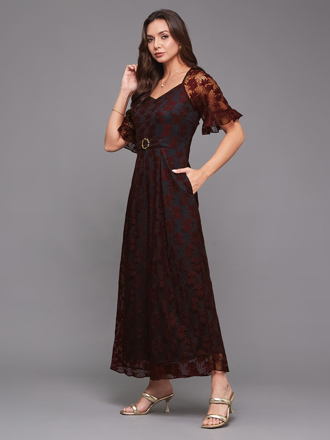 Women's Wine & Teal V-neck Half Sleeve Self-Designed Lace Overlaid Jumpsuit