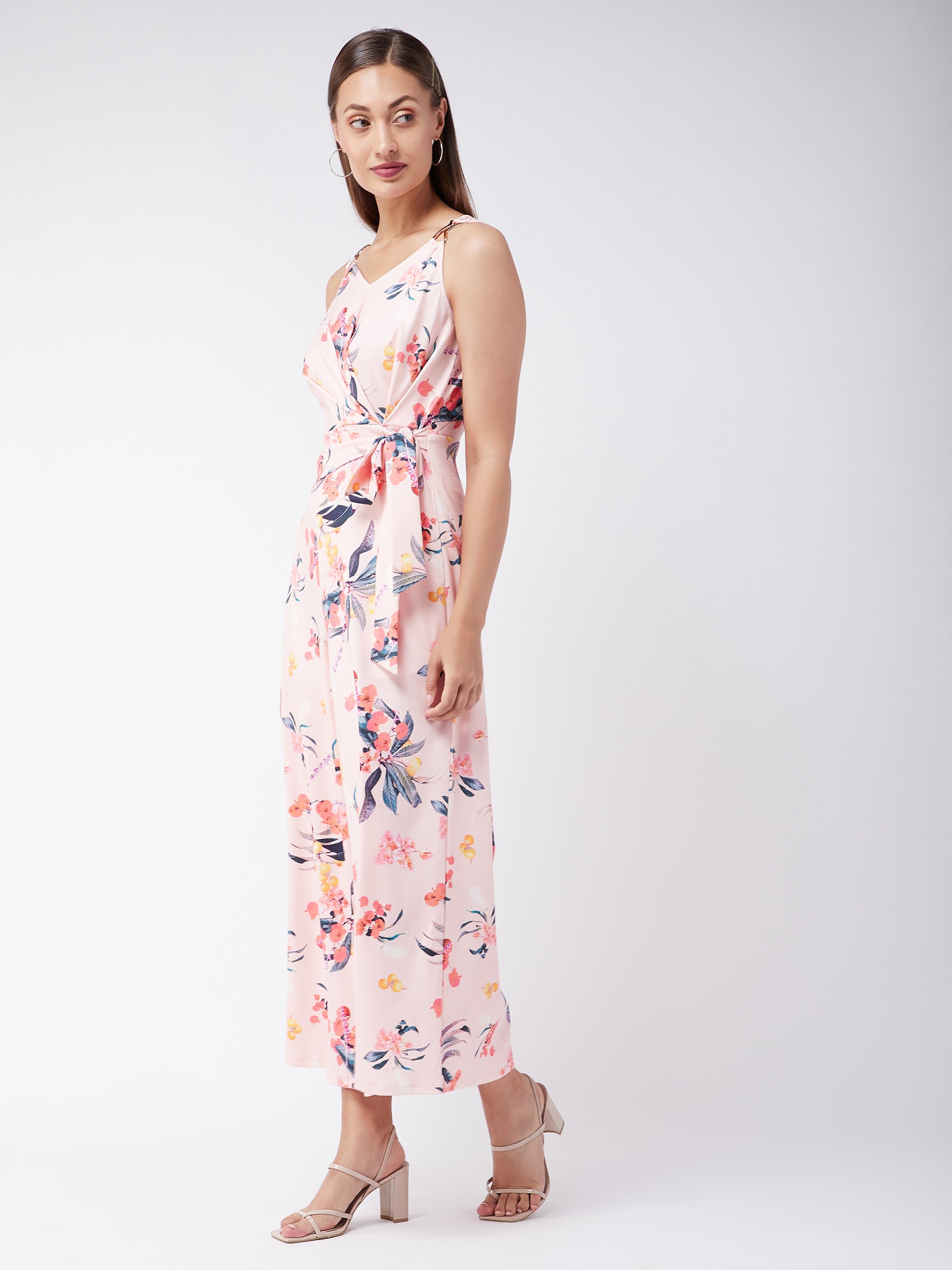 Crease Ease Women's Multicolored-Base-Peach V-Neck Sleeveless Floral Wrap/Wide-Leg Regular Jumpsuit