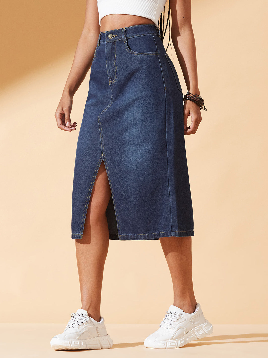 Dark Blue A-Line High-Rise Non-stretchable Denim Midi Skirt for Women
