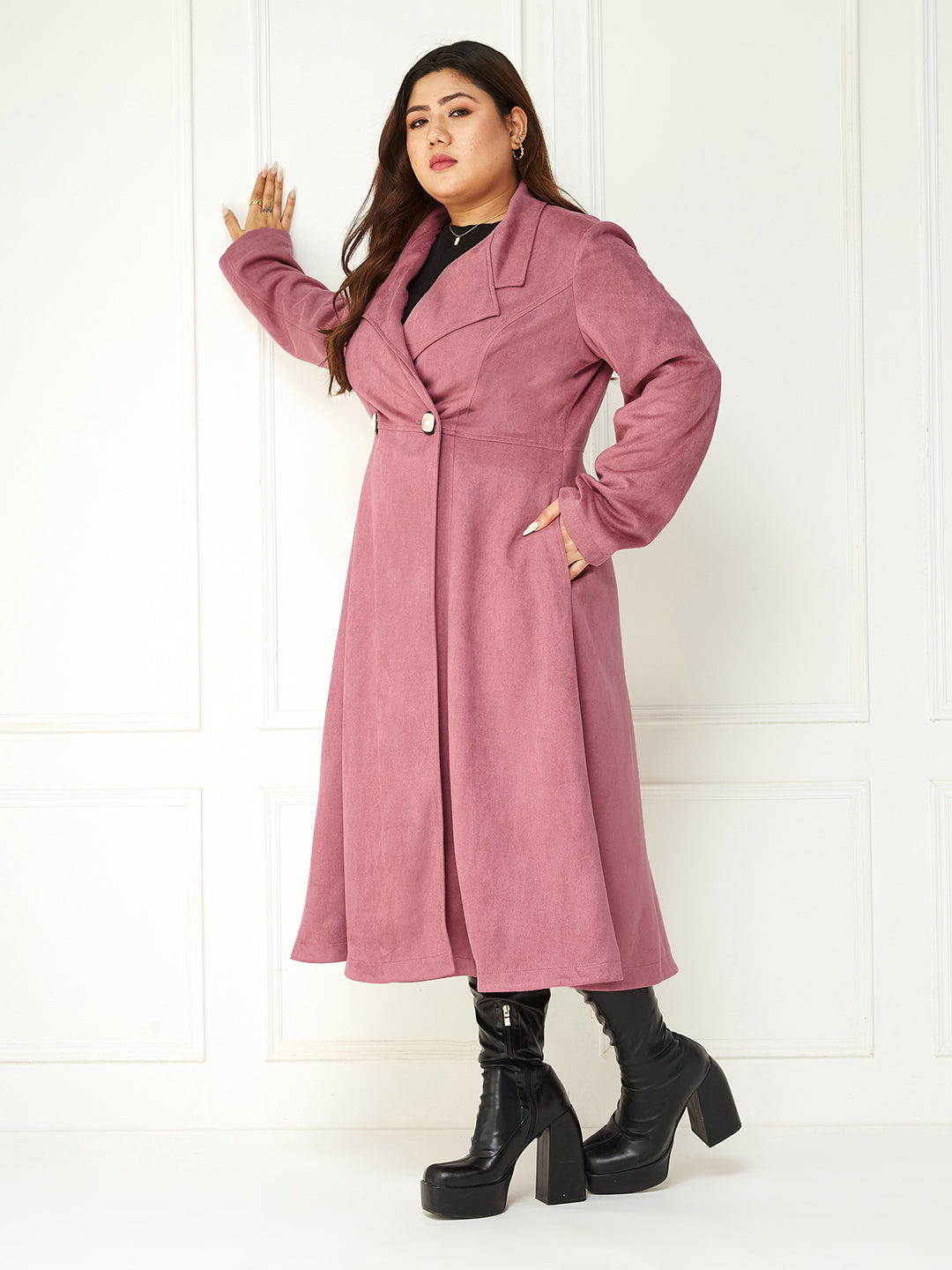 Body Bliss Mauve Solid Double Breasted Longline Jacket for Women