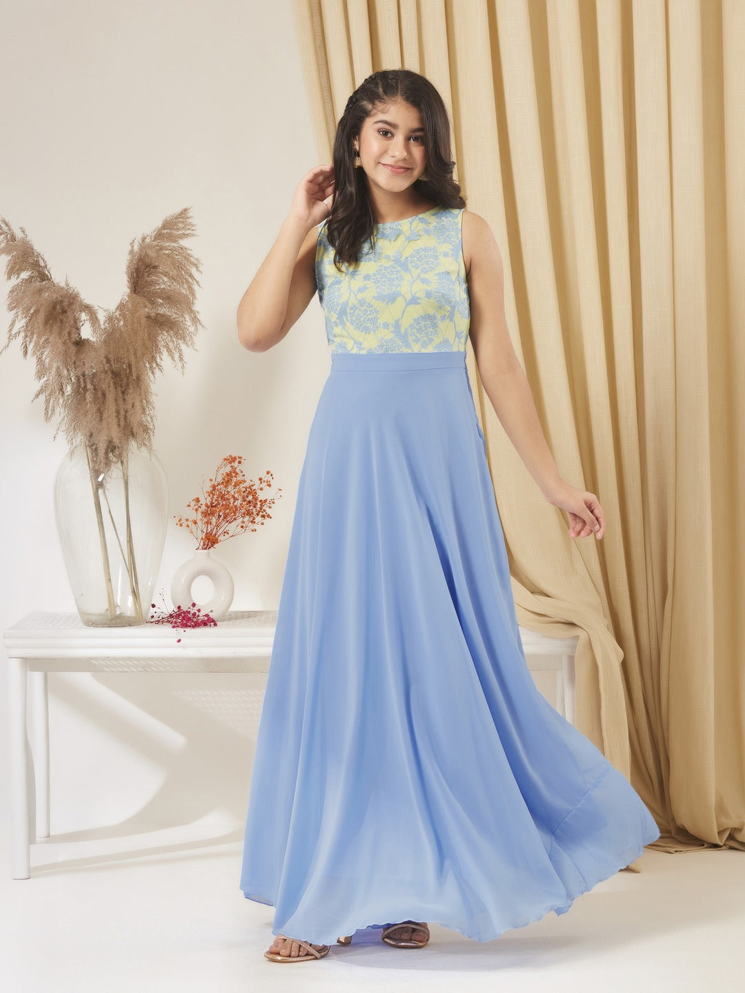 Sky Blue Round Neck Sleeveless Georgette & Lace Floral Fit & Flare Maxi Dress for Girls/Teenagers