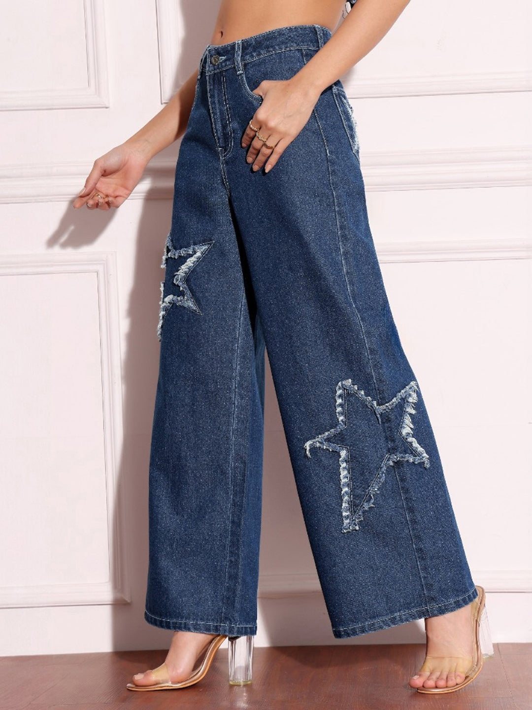 Women's Navy-Blue High-Rise Denim Wide-leg Jeans