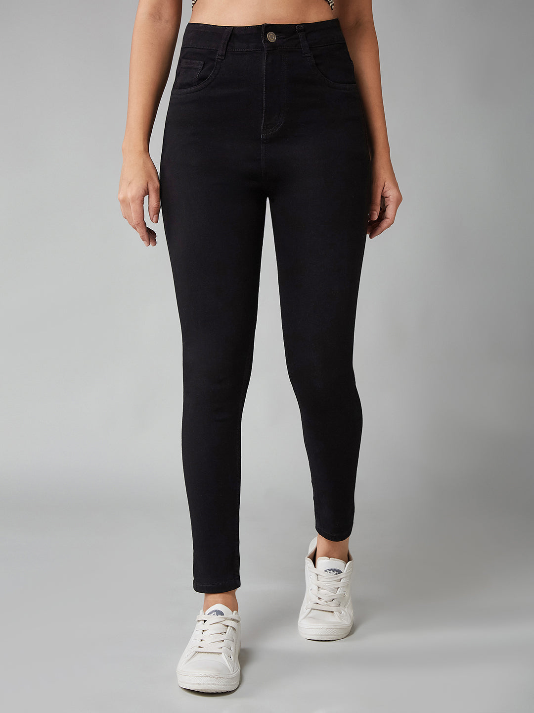 Women's Black Skinny High-Rise Clean-Look Regular Stretchable Denim Jeans