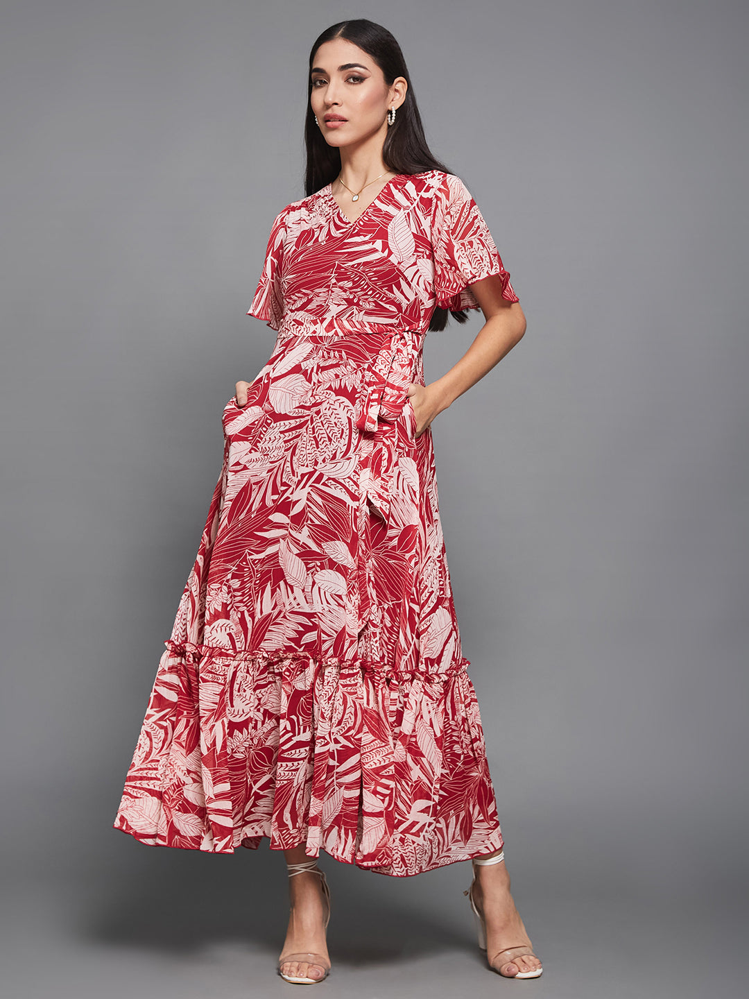Women's Multicolored Base Maroon V-Neck Flared-Sleeve Floral Wrap Maxi Dress