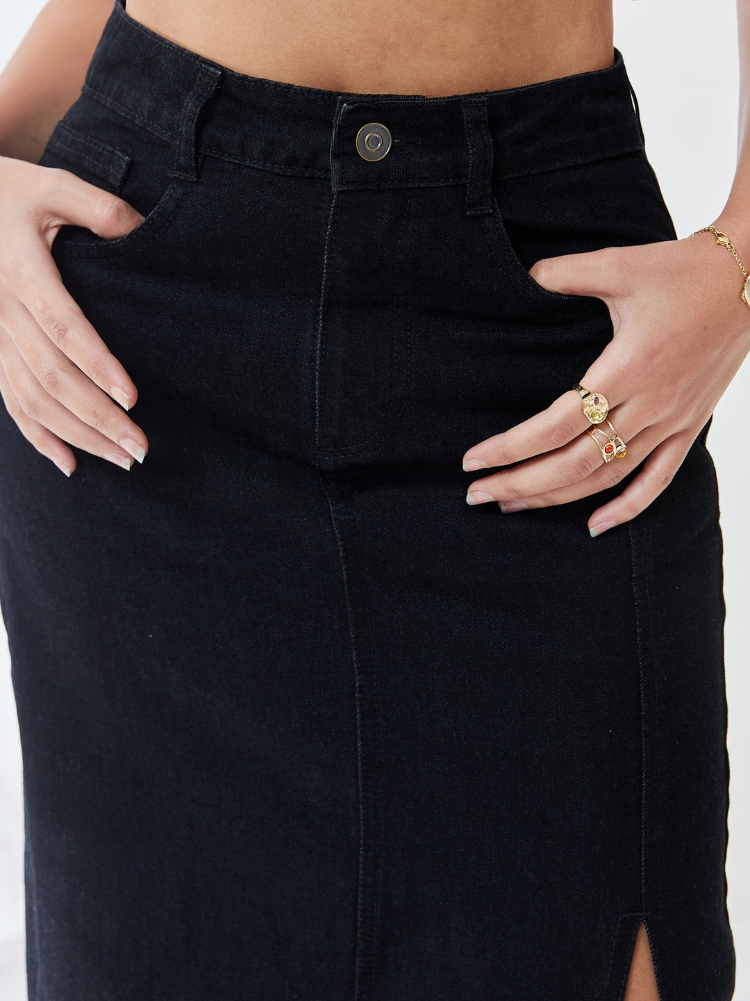 Black Straight-Fit High-Rise Stretchable Denim Midi Slit Skirt for Women