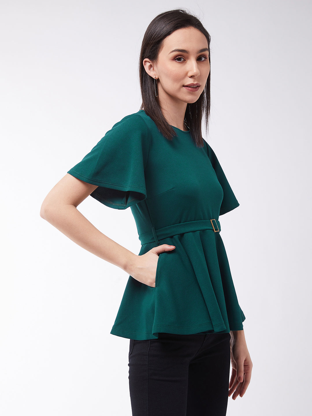Women's Green Solid Polyester Slim Fit Round Neck Short Sleeve Regular Length Top