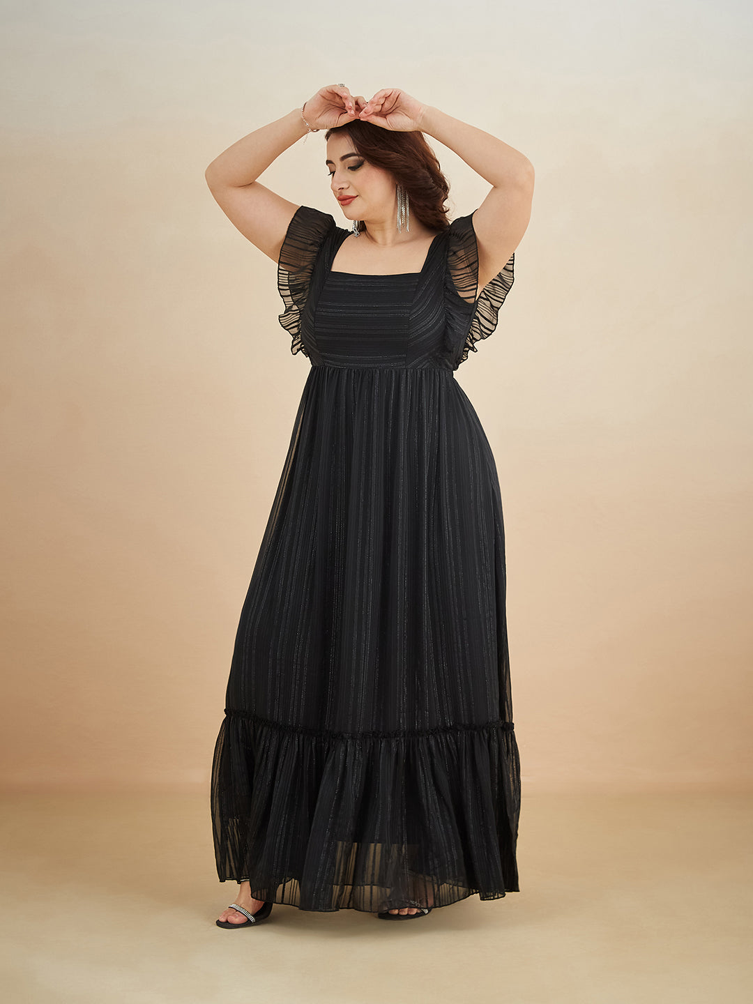 Black Square Neck Layered Ruffles Sleeve Floral Patterned Tiered Maxi Georgette Dress for Women — Miss Chase A+