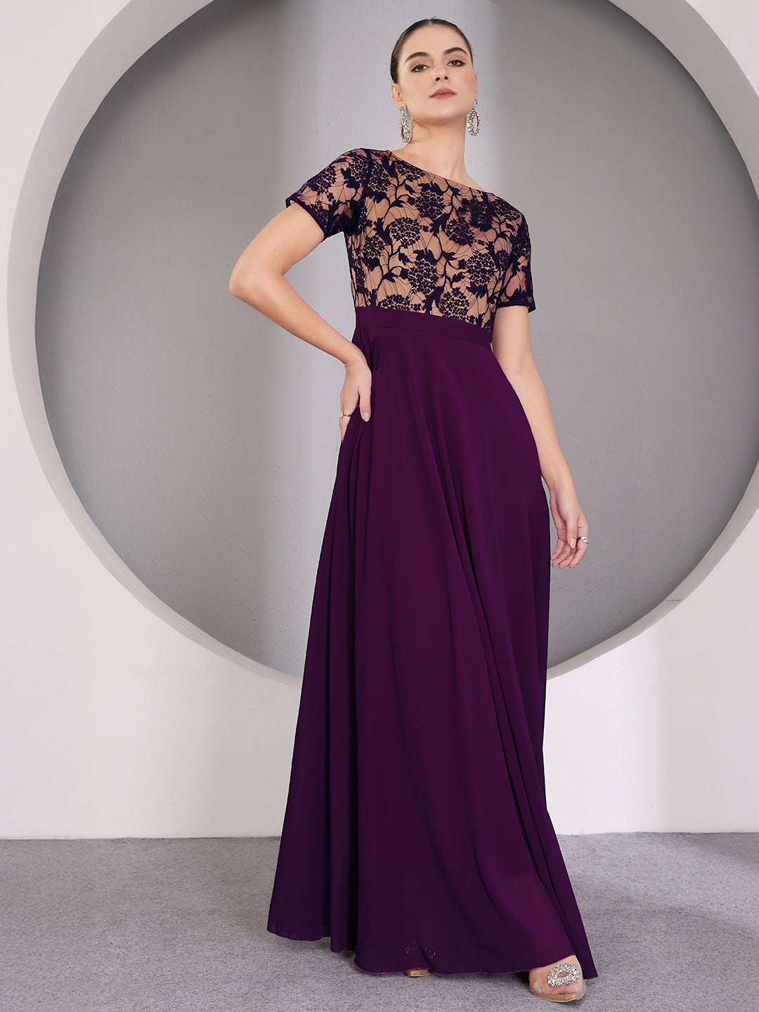 Women's Dark Purple Round Neck Half Sleeve Self Design Fit & Flare Georgette Maxi Dress