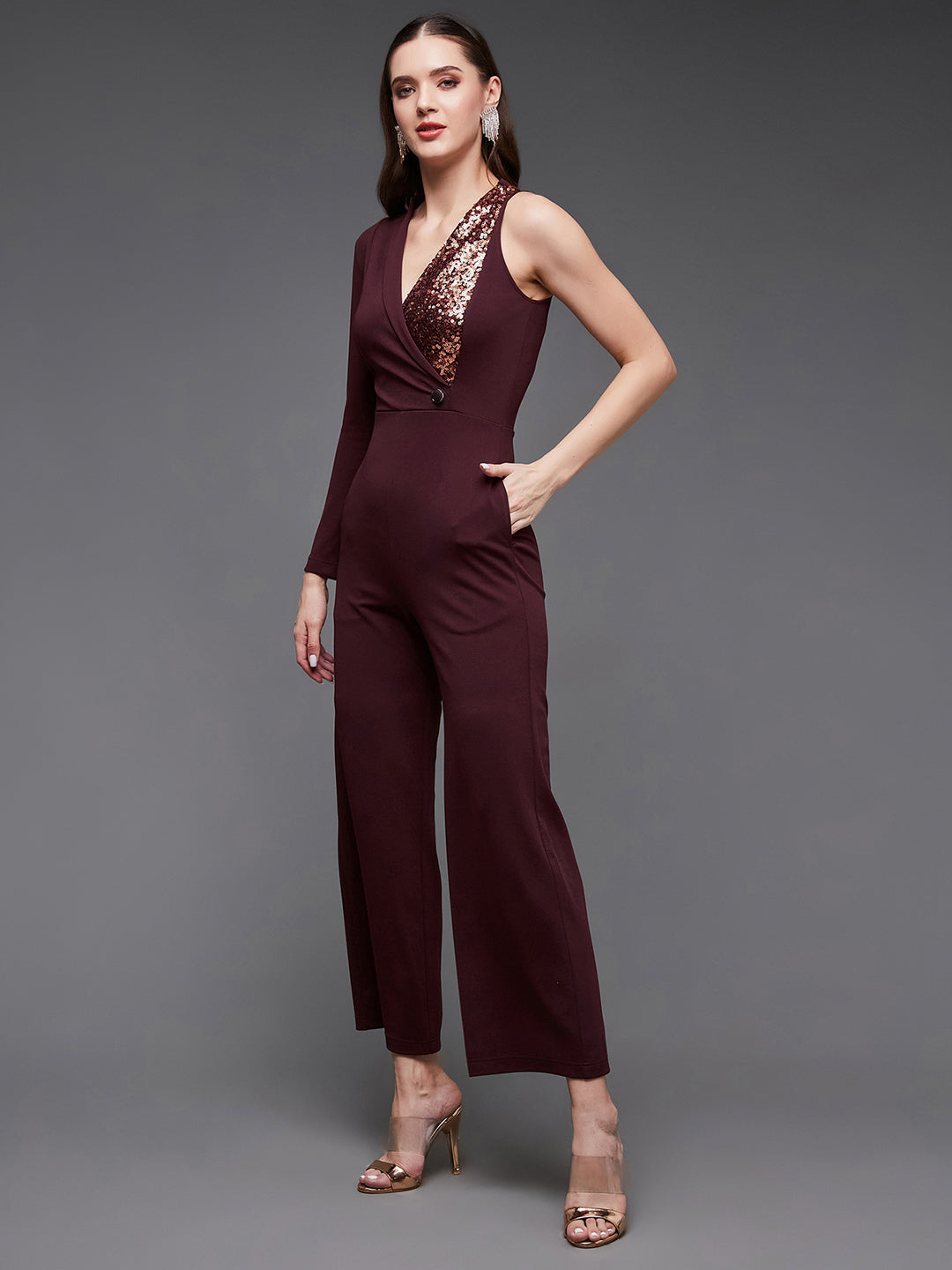 Women's Wine Embellished Shawl Collar Asymmetric Sequined Party Blazer Jumpsuit