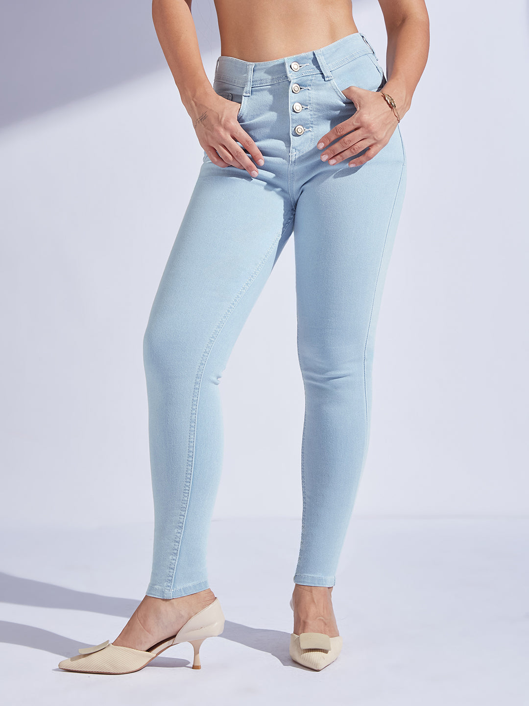 Women's Light Blue Skinny High-Rise Distressed Ice Wash Denim Jeans