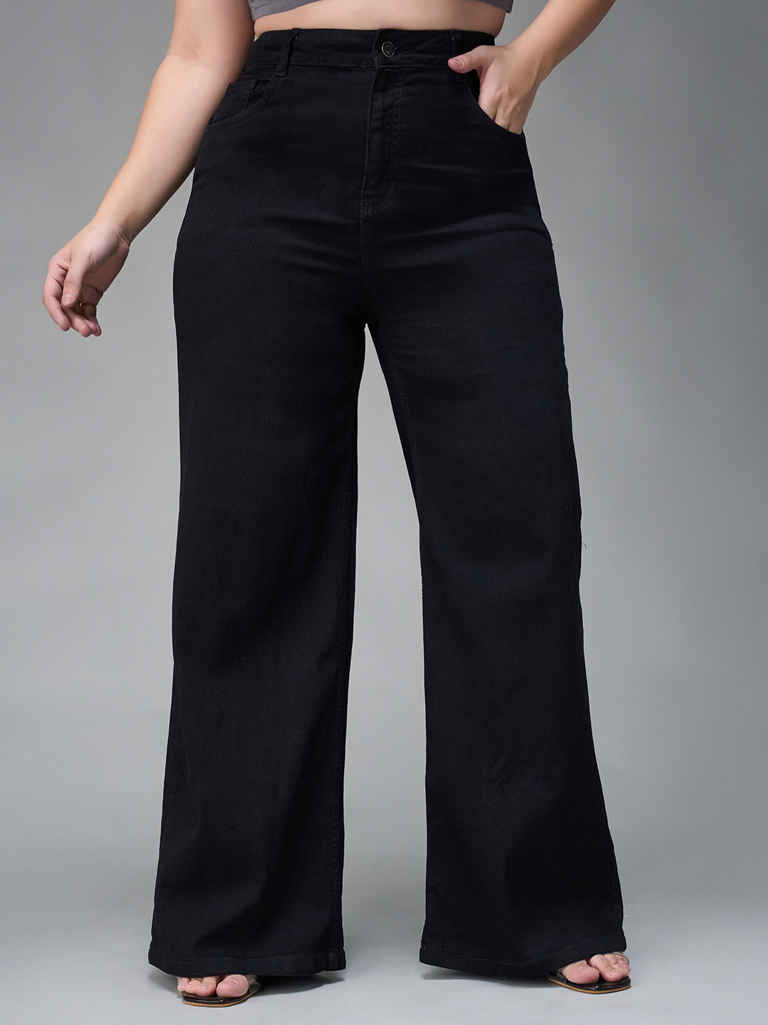 Women's Black Wide Leg High Rise Clean Look Regular-Length Stretchable Denim Jeans