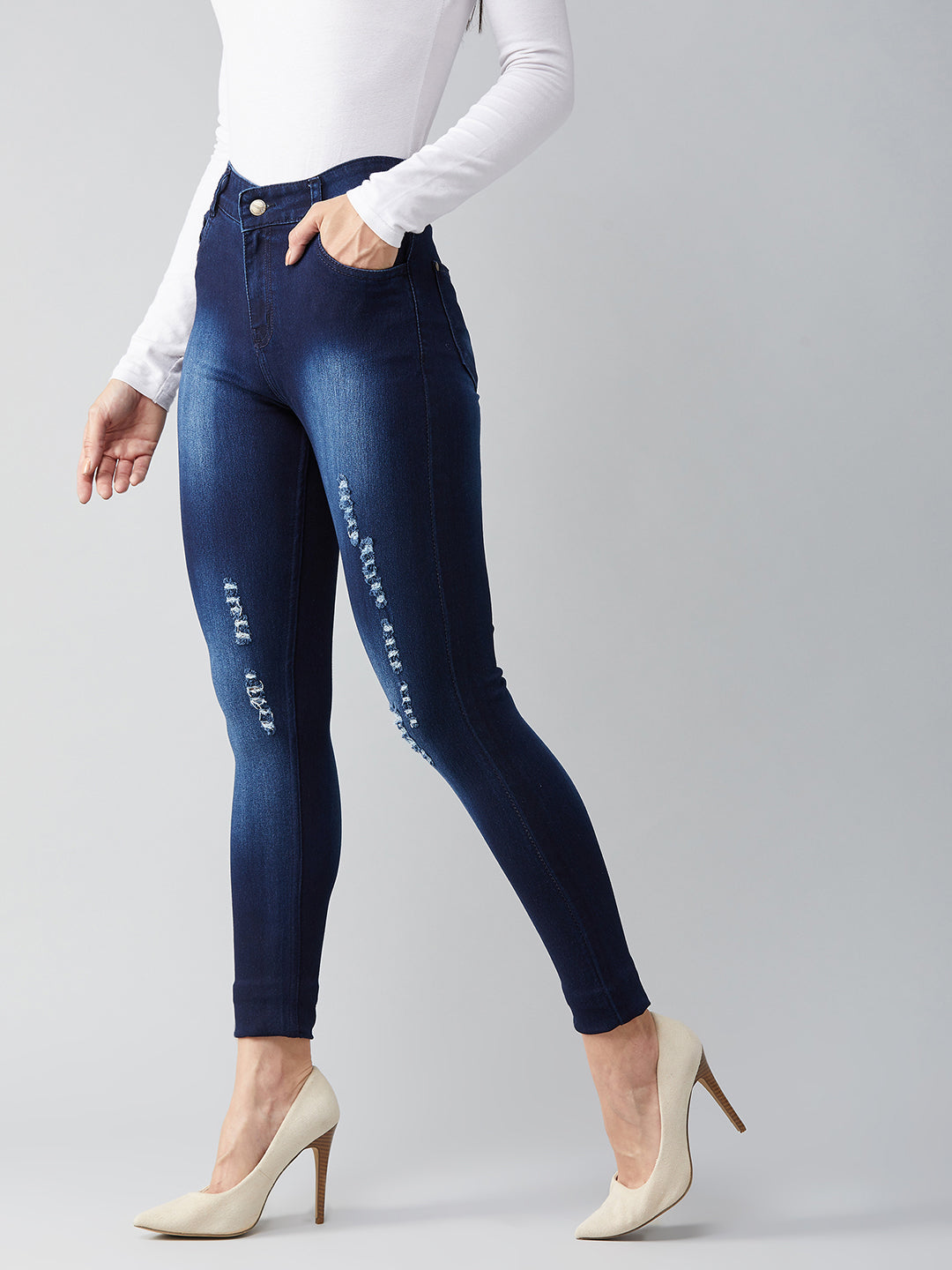 Women's Blue Skinny-Fit Mid-Rise Midly-Distressed Ripped Denim Jeans