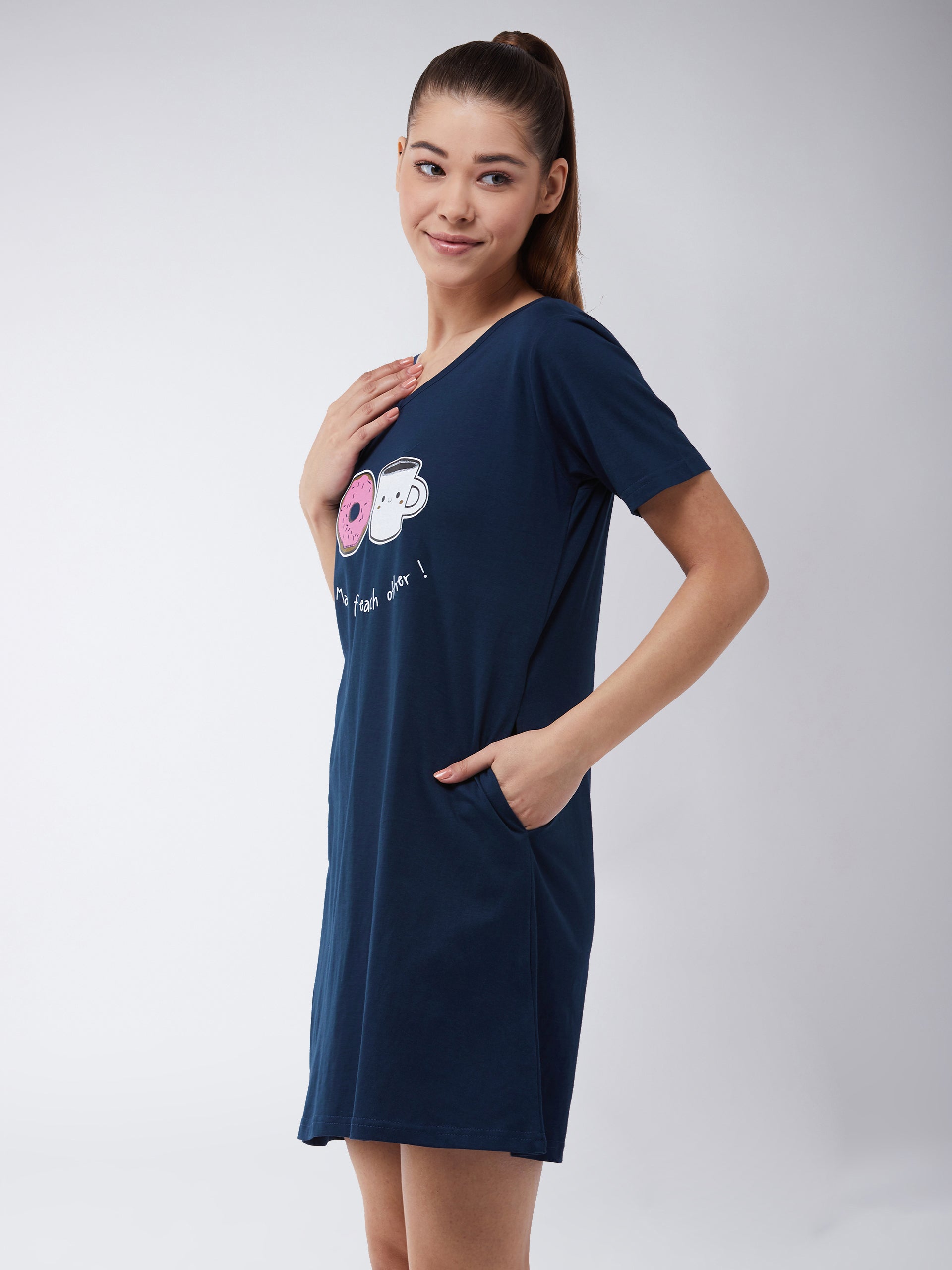 Women's Blue V-Neck Short Sleeves Pocketed Printed Knee-Length Night Dress