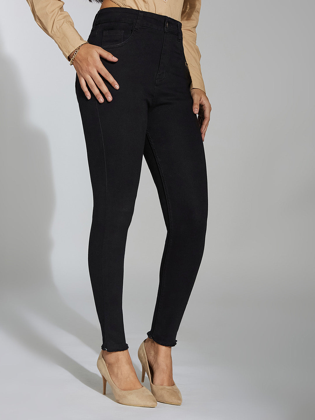 24/7 Comfort Black Skinny Fringed Detailing High-Rise Cropped Stretchable Denim Jeans
