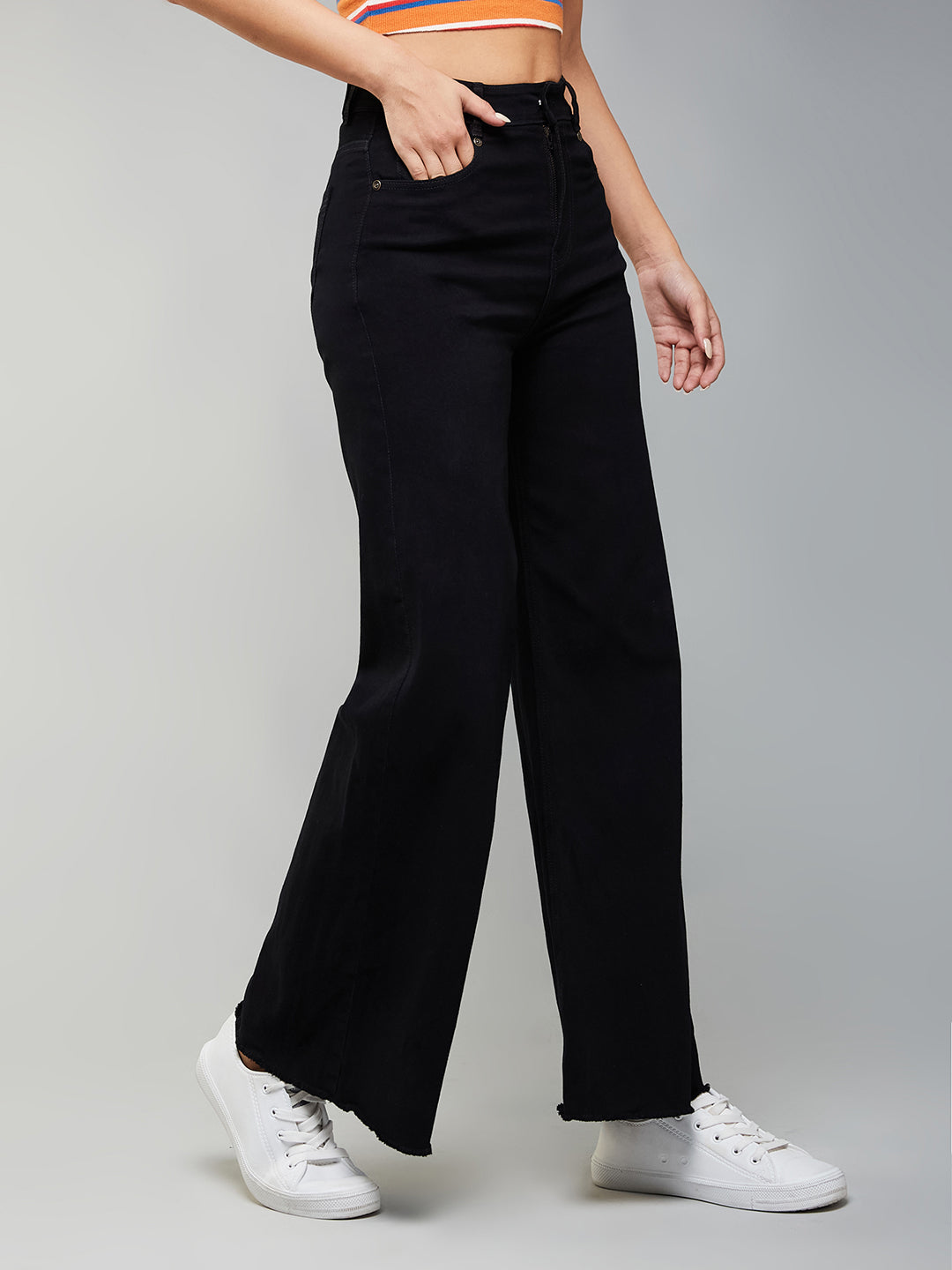 24/7 Comfort Black High-Rise Stretchable Wide-Leg Denim Jeans for Women