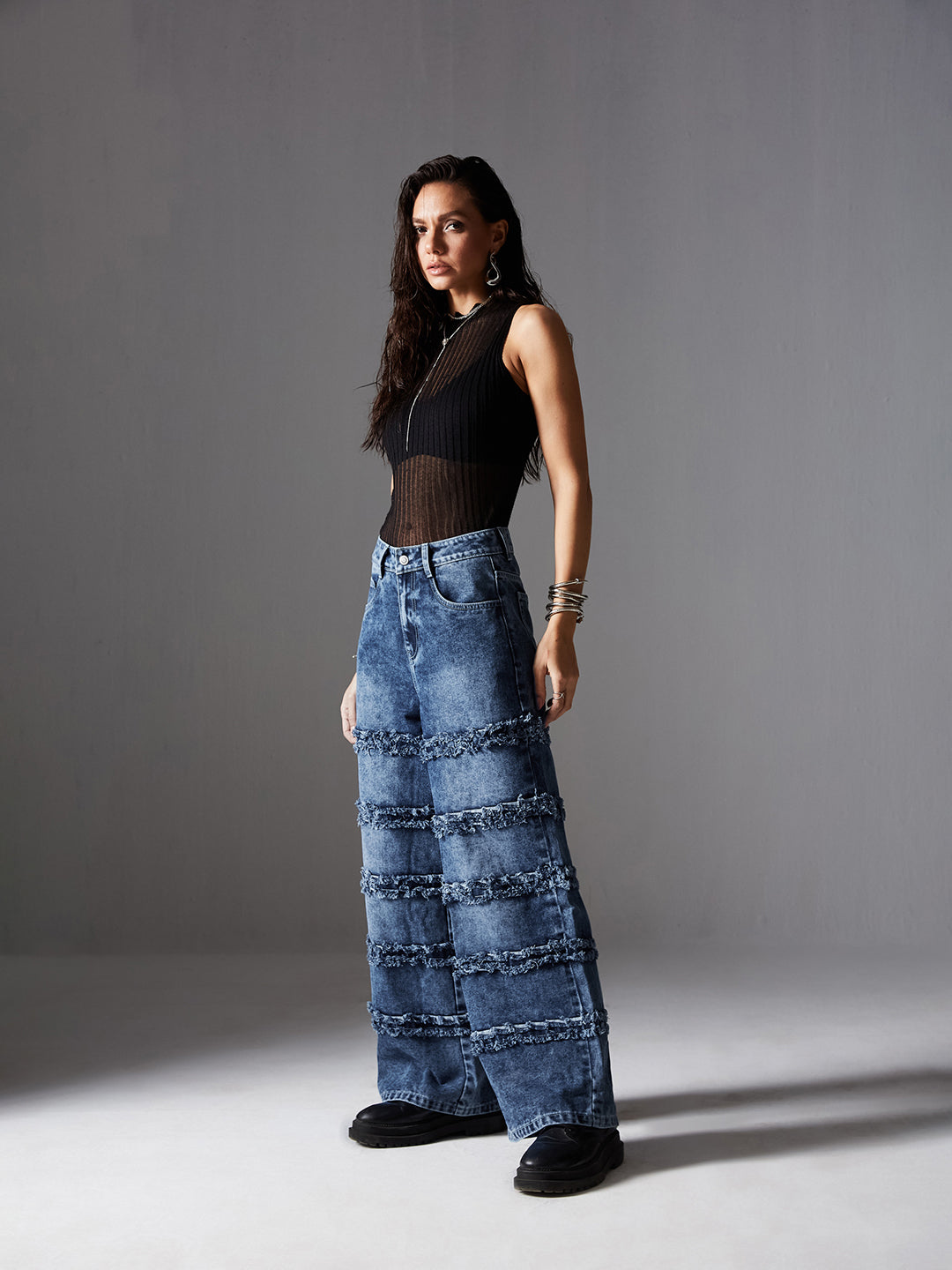 Women's Navy-Blue Wide-Leg High-Rise Highly-Distressed Regular-Length Denim Jeans