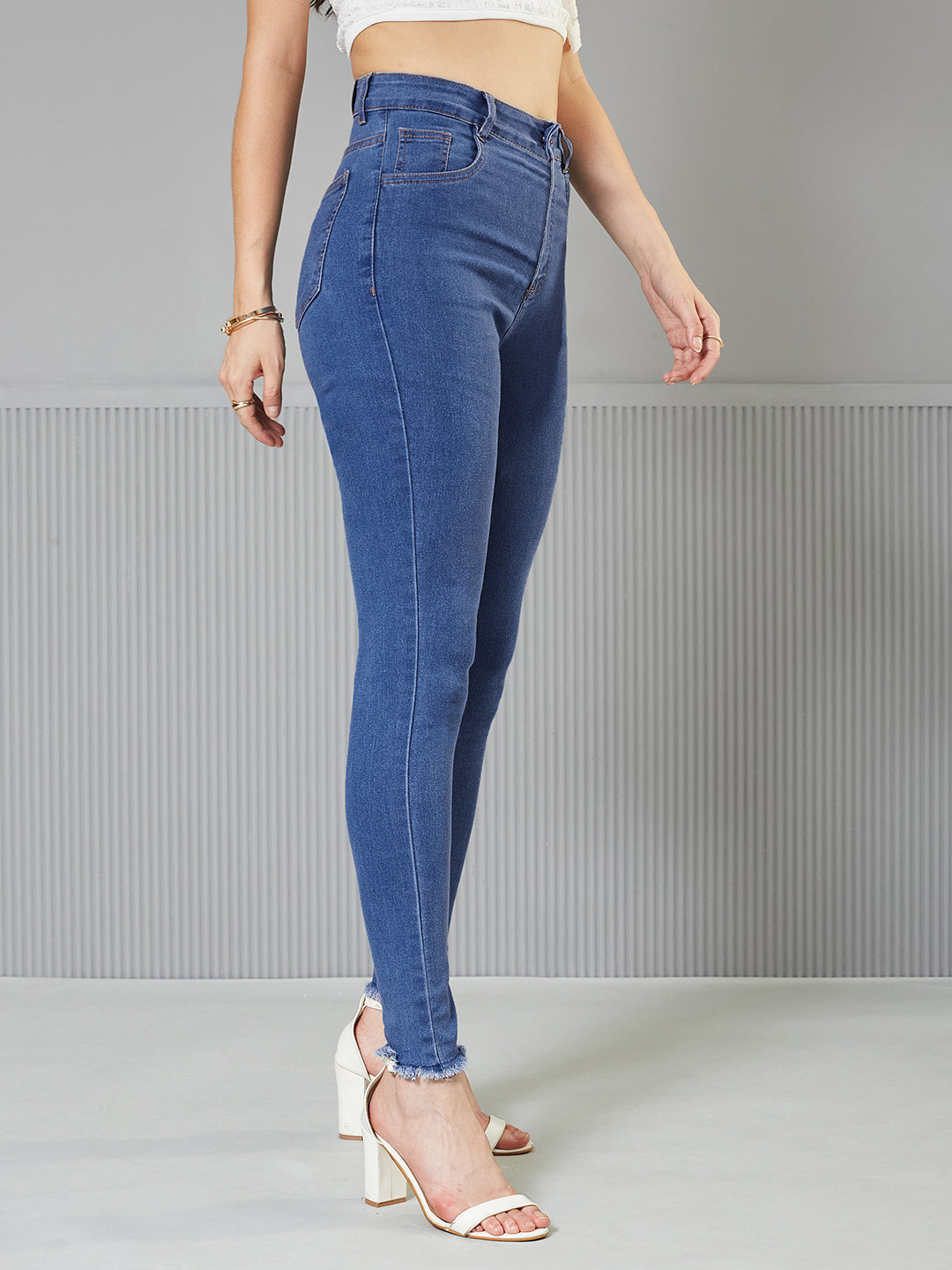24/7 Comfort Mid-Blue Skinny-Fit High-Rise Cropped Length Fringe Detailing Stretchable Denim Jeans for Women — Miss Chase